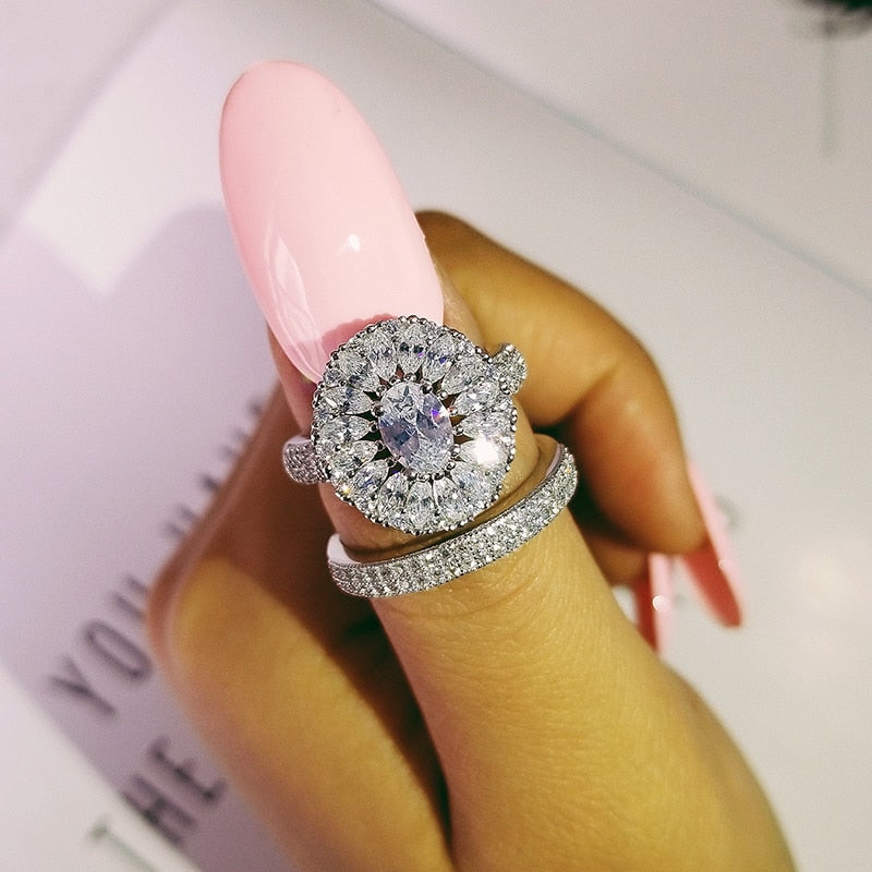 Silver Marquise Cut Oval Ring Set