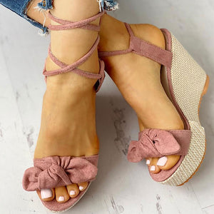 Casual Sweet Bow Ankle-Wrap Wedges