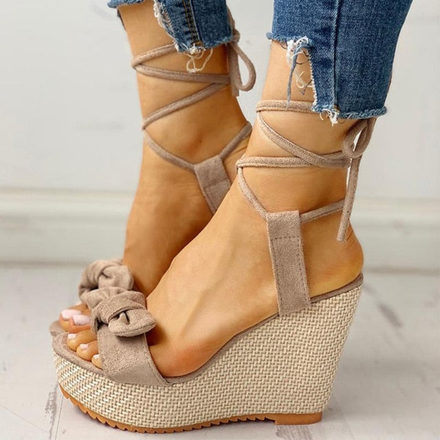 Casual Sweet Bow Ankle-Wrap Wedges