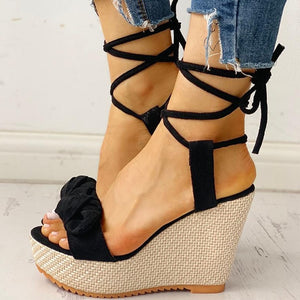 Casual Sweet Bow Ankle-Wrap Wedges