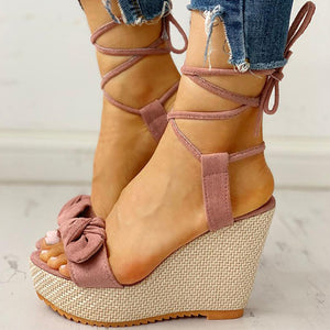 Casual Sweet Bow Ankle-Wrap Wedges