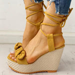 Casual Sweet Bow Ankle-Wrap Wedges