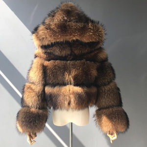 Luxury Real Women Silver Gold Fox Fur Coats With Fur Hood Jacket