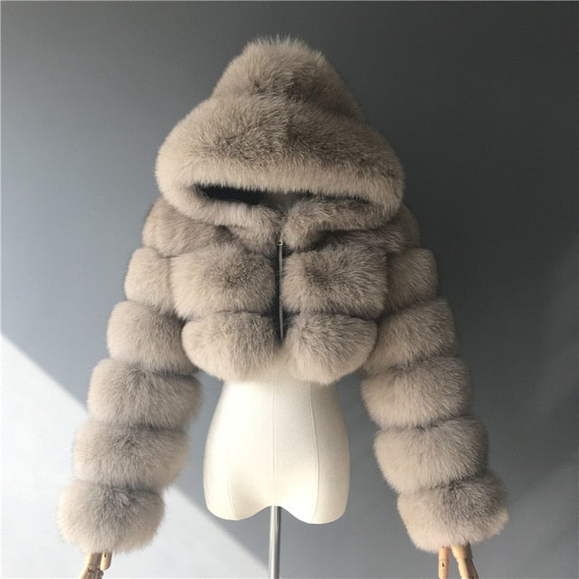 Luxury Real Women Silver Gold Fox Fur Coats With Fur Hood Jacket