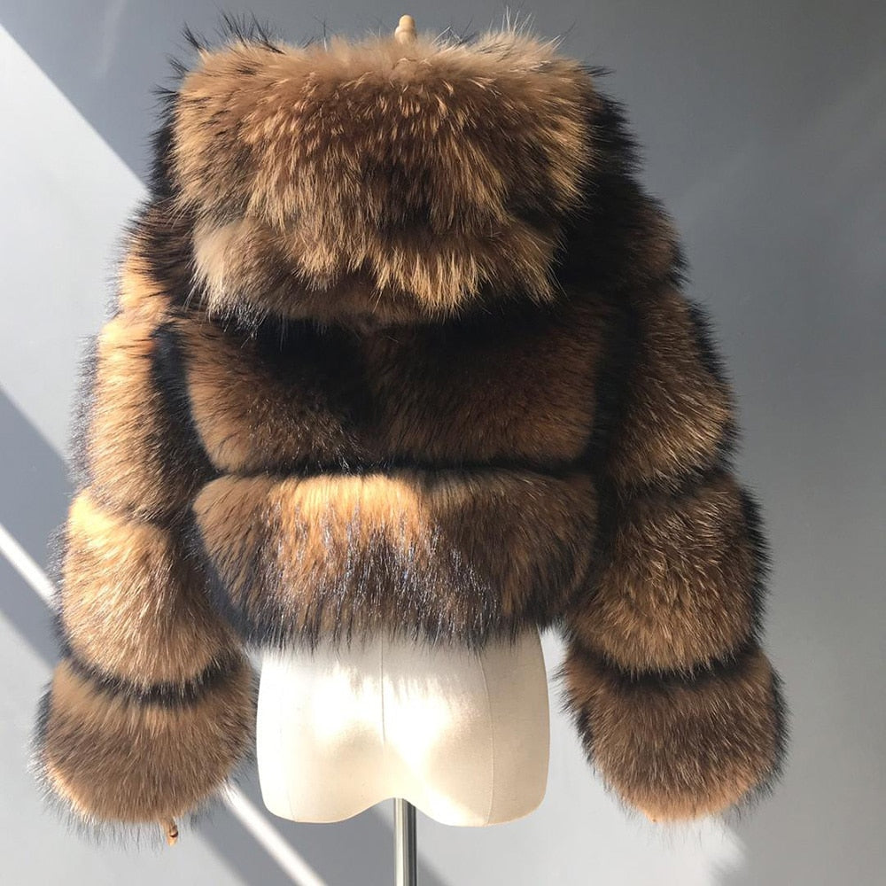 Luxury Real Women Silver Gold Fox Fur Coats With Fur Hood Jacket