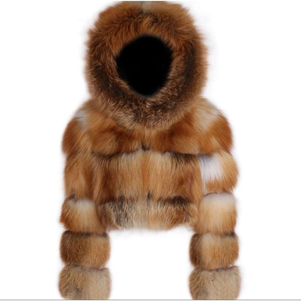 Luxury Real Women Silver Gold Fox Fur Coats With Fur Hood Jacket