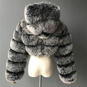 Luxury Real Women Silver Gold Fox Fur Coats With Fur Hood Jacket